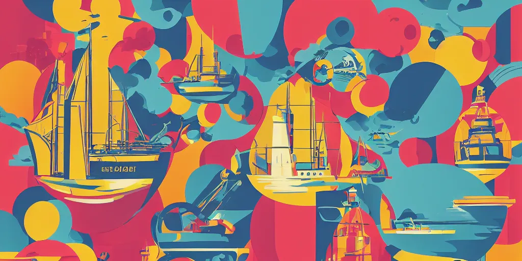 Prompt: ship in a bottle. illustration. multicolored. by tom whalen