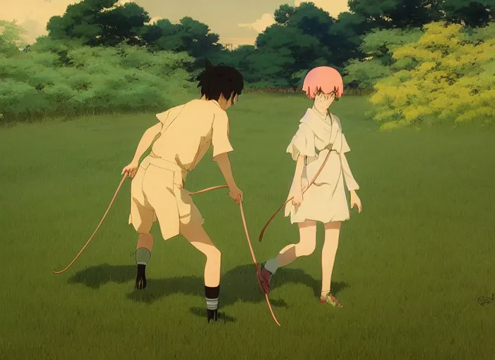 Prompt: japan 1 9 2 0's, young adult playfully chased by his goldendoodle dog on a green meadow, golden hour, finely detailed perfect art, gapmoe yandere grimdark, trending on pixiv fanbox, painted by greg rutkowski makoto shinkai takashi takeuchi studio ghibli