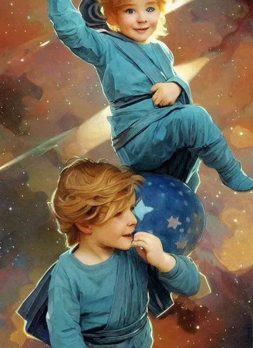 Image similar to a cute little boy with a mischievous face, blue eyes, and tousled blonde hair smiles as he floats in space with stars all around him. he is wearing a turquoise outfit. beautiful painting by artgerm and greg rutkowski and alphonse mucha