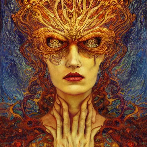 Image similar to Visions of Hell by Karol Bak, Jean Deville, Gustav Klimt, and Vincent Van Gogh, nightmare portrait, infernal, visionary, otherworldly, fractal structures, ornate gilded medieval icon, third eye, hellfire, stygian, spirals, cosmic horror