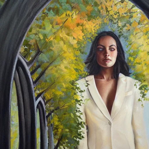 Prompt: a woman wearing a blazer looks up at an arch of leaves. detailed oil on canvas painting by fiona staples