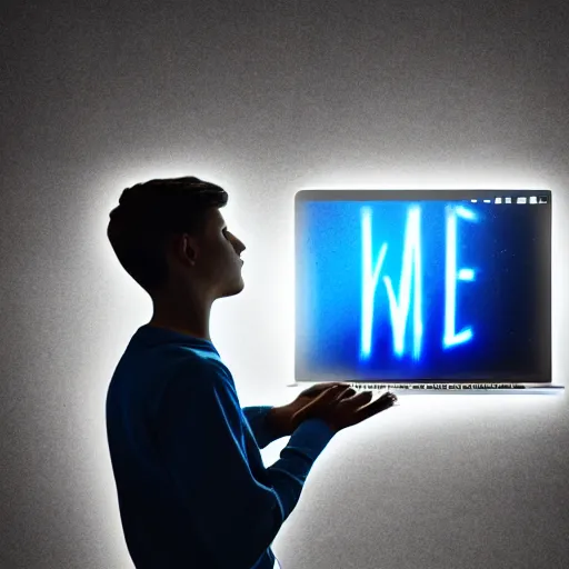 Image similar to male teenager looking at a laptop with bright screen with digital letters floating out, inside a dark room, digital art