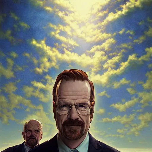 Image similar to saul goodman and walter white, fantasy character portrait, dynamic pose, above view, sunny day, very coherent asymmetrical artwork, sharp edges, perfect face, simple form, 1 0 0 mm by stanley artgerm lau, greg rutkowski, thomas kindkade, alphonse mucha, loish