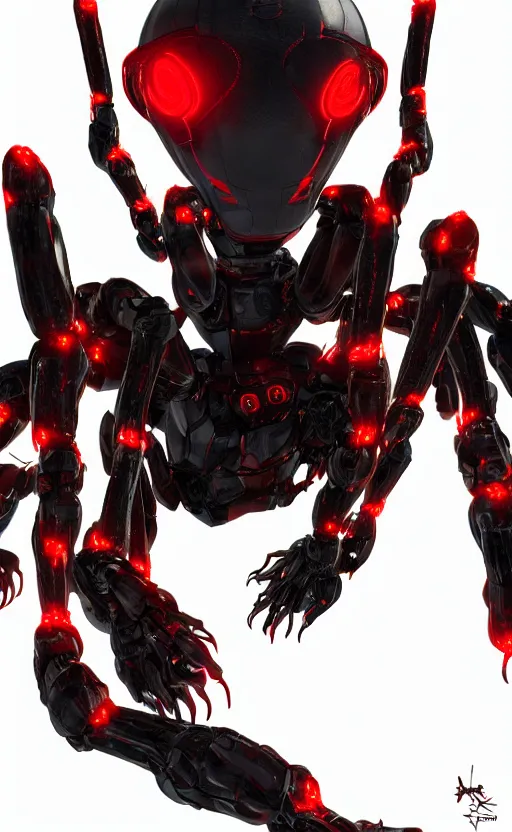 Image similar to a robot humanoid spider with 4 arms with claws, glowing red eyes, in a black carbon and red fiber armor, smiling creepily, dynamic lighting, photorealistic fantasy concept art, trending on art station, stunning visuals, creative, cinematic, ultra detailed