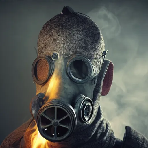 Image similar to hooden villain wearing a gas mask with smoke coming out of his body, dark background, unreal engine 5, ultra realistic, detailed, fog,