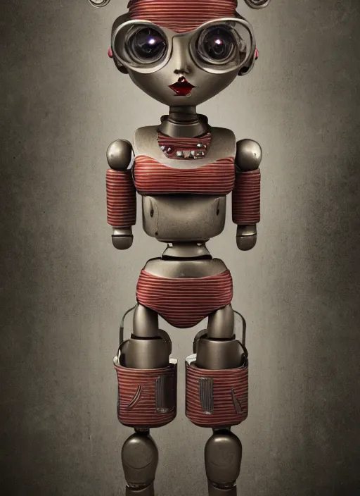 Image similar to closeup portrait of tin toy robot bikini girl trap, depth of field, zeiss lens, detailed, symmetrical, centered, fashion photoshoot, by nicoletta ceccoli, mark ryden, lostfish, breathtaking, 8 k resolution, extremely detailed, beautiful, establishing shot, artistic, hyperrealistic, octane render