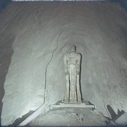 Image similar to a very large statue inside of a underground quarry, megalophobia, expired film, old polaroid,