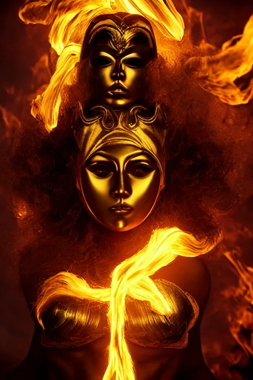 Prompt: a woman wearing golden mask, hair like fire, muscular, in dark soul