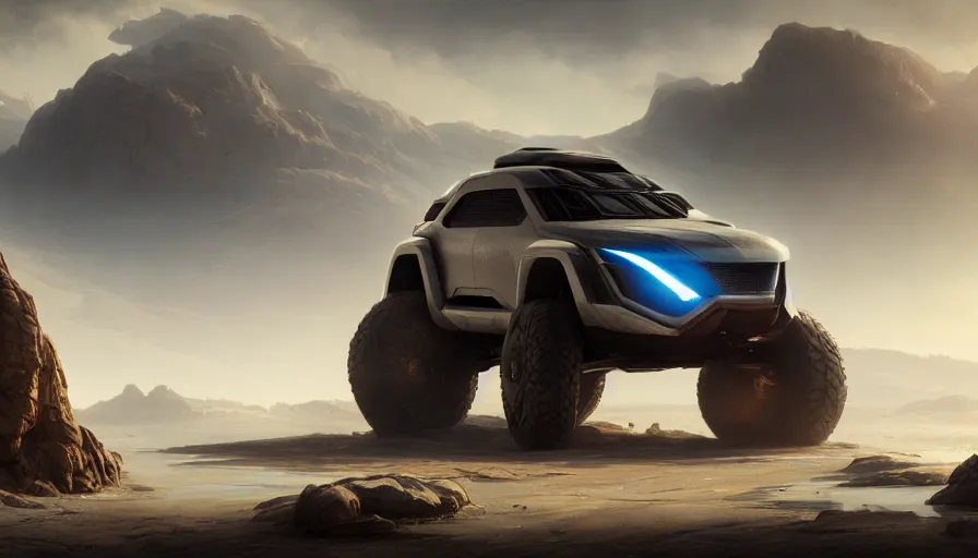 Image similar to a futuristic offroad suv designed by apple on socotra island, artgerm and greg rutkowski and alphonse mucha, an epic fantasy, volumetric light, detailed, trending on art station, octane render, midsommar