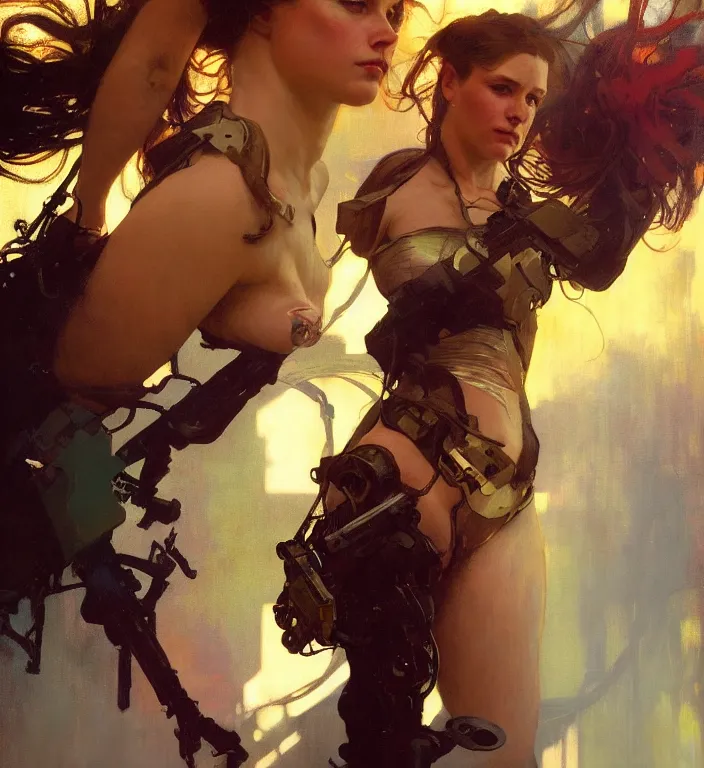 Image similar to hyperrealist portrait of lady terminator. by jeremy mann and alphonse mucha, seductive fantasy art, photo - realistic, dynamic lighting, artstation, poster, volumetric lighting, very detailed faces, 8 k, award - winning, golden hour