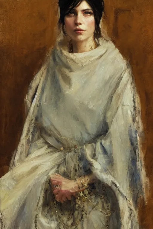 Image similar to Richard Schmid and Jeremy Lipking full length portrait painting of a young beautiful woman bible priestess in elaborate costume