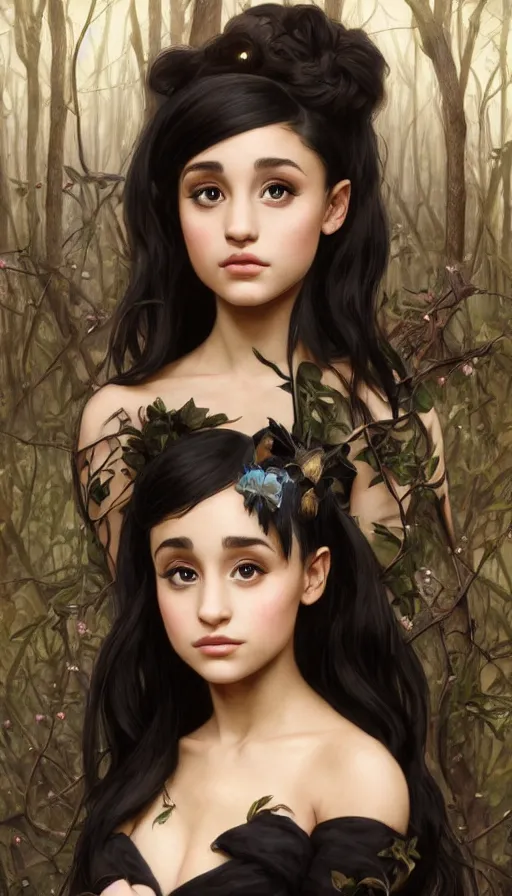 Image similar to unique cottagecore Ariana Grande holding a baby, black Hair, dark forest, intricate, elegant, highly detailed, digital painting, artstation, concept art, smooth, sharp, focus, illustration, art by artgerm and greg rutkowski and alphonse mucha