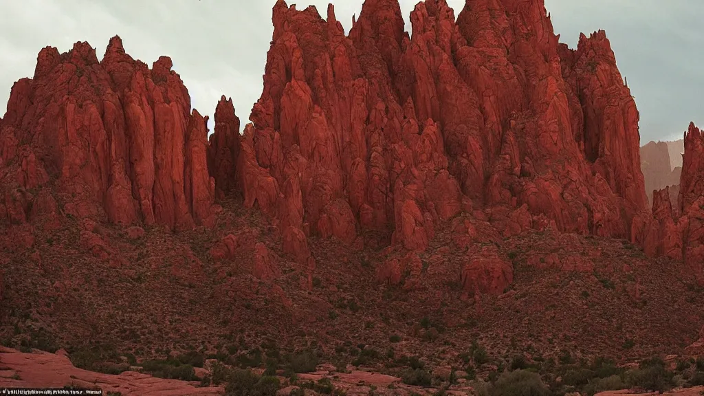 Image similar to an atmospheric film still by Ridley Scott with a huge towering dark gothic cathedral carved out of rock at the top of a red rock canyon