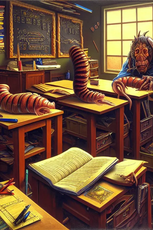 Prompt: classic oil painting, a giant worm crawling over school desks, as a dnd character, inside a cluttered classroom, cottagecore, highly detailed, digital illustration, blackboard, chalk, school supplies, textbooks, concept art, smooth, sharp focus, art by tim hildebrandt, and greg hildebrandt