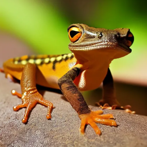 Prompt: an award winning photo of shiny golden black gecko looking at the camera, cute, nature photography, National Geographic, 4k