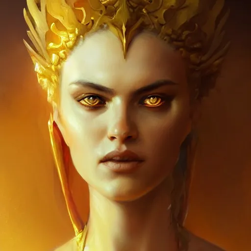 Image similar to portrait of fire goddess, yellow eyes, fantasy, intricate, elegant, highly detailed, digital painting, artstation, concept art, matte, sharp focus, illustration, art by aenaluck and roberto ferri and greg rutkowski, epic fantasy, digital painting