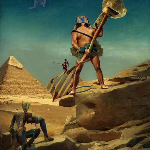 Image similar to joe rogan, king of the pharaohs, fends off aliens atop the pyramid of giza as a war of the world style invasion is happening. masterpiece illustration by albert bierstadt and billy butcher. h 6 4 0