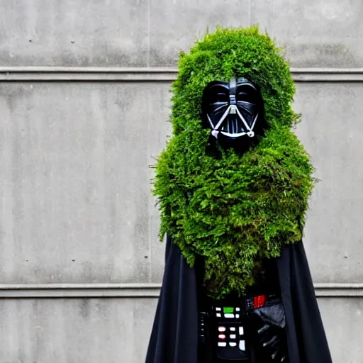 Image similar to Darth Vader covered in ivy and moss, in an overgrown garden