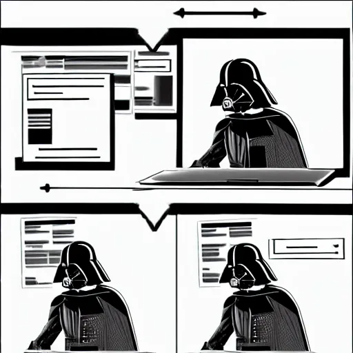 Image similar to Darth Vader programming on his laptop, so frustrated that his python code won't work