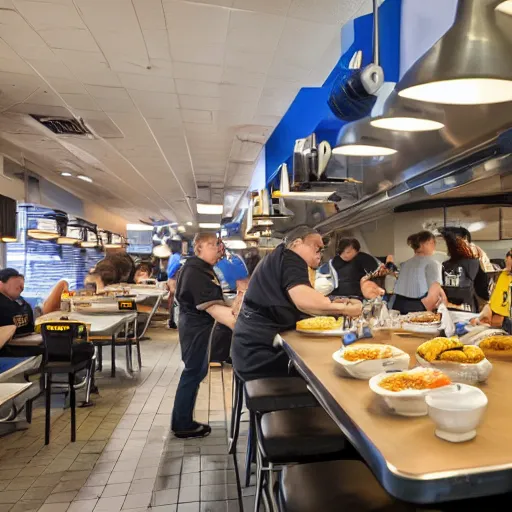 Prompt: busy wafflehouse interior with customers eating breakfast and wafflehouse employees in blue and black uniform serving food and some cooking food behind countertop