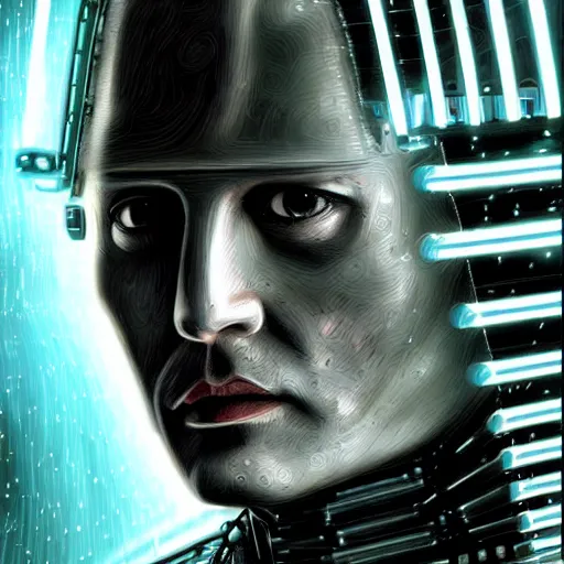 Prompt: johnny depp as a borg drone, tng, star trek, the borg, cybernetic implant, borg collective, hd, full length portrait, photorealistic