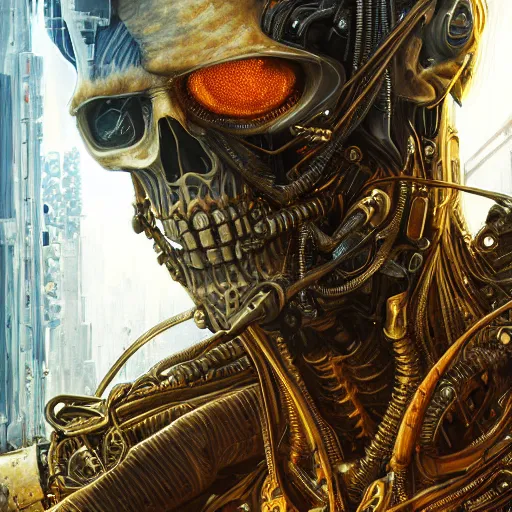 Image similar to a golden cyberpunk skeleton with highly detailed and intricate electric eyes, by android jones and greg rutkowski, Trending on artstation, hyperrealism, elegant, stylized, highly detailed digital art, 8k resolution, hd, global illumination, radiant light, detailed and intricate cyberpunk ghetto environment, rendered in octane, oil on canvas, wide angle, dynamic portrait