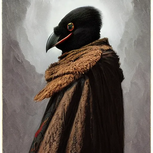 Prompt: 건담 kenku, artistically anthropomorphic black bird head. cloaked hood down, science fiction, portrait by donato giancola and greg rutkowski and wayne barlow. top all time r / imaginarycyberpunk.