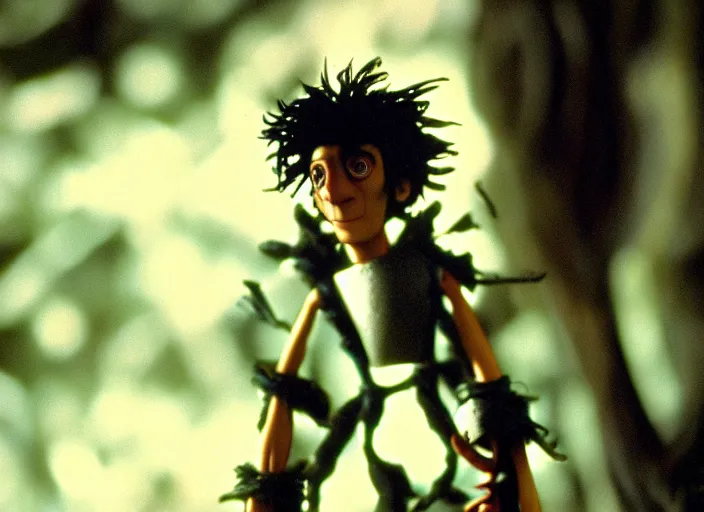 Image similar to cinematic screenshot cinestill portrait of a stop motion claymation film, edward scissorhands, in focus, shallow depth of field, 1 8 mm, f 1. 8, sharp details