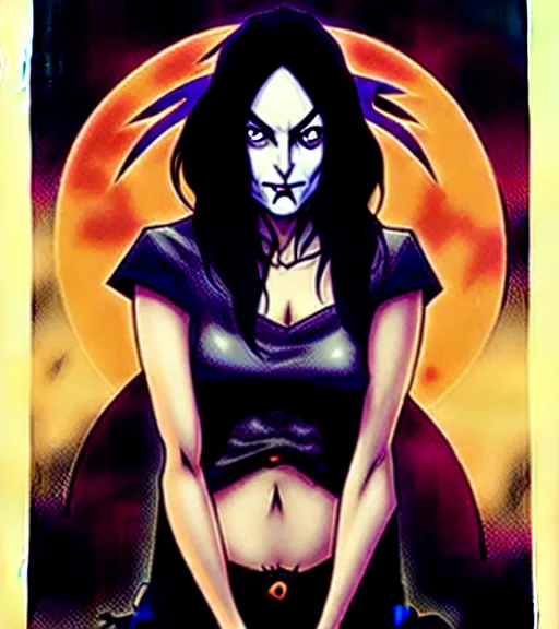 Prompt: artgerm, joshua middleton comic cover art, pretty friendly phoebe tonkin eye of horus painted under one of her eyes, as death sandman comic death appears as a young, attractive, slim, she has very pale skin, dark eyes, long black hair, she prefers to dress casually and she wears black clothing