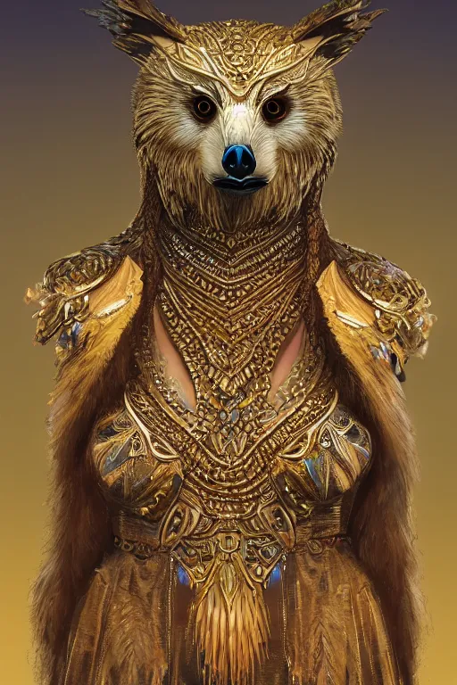 Prompt: a beautiful upper body shot from a fantasy film of a humanoid iridescent gold female falcon bear hybrid wearing a loose tunic. an anthropomorphic owlbear. fantasy, frown, intricate, elegant, highly detailed, digital painting, artstation, concept art, matte, sharp focus, illustration, art by artgerm and greg rutkowski and alphonse mucha