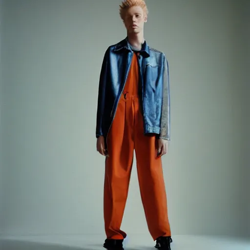 Image similar to realistic photoshooting for a new balenciaga lookbook, color film photography, portrait of a blonde european model, in style of tyler mitchell, 3 5 mm,