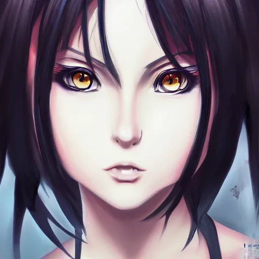 Image similar to front-facing headshot of a young gothic anime woman with black hair and golden highlights, wearing pretty makeup, drawn by WLOP, by Avetetsuya Studios, anime drawing, trending on artstation