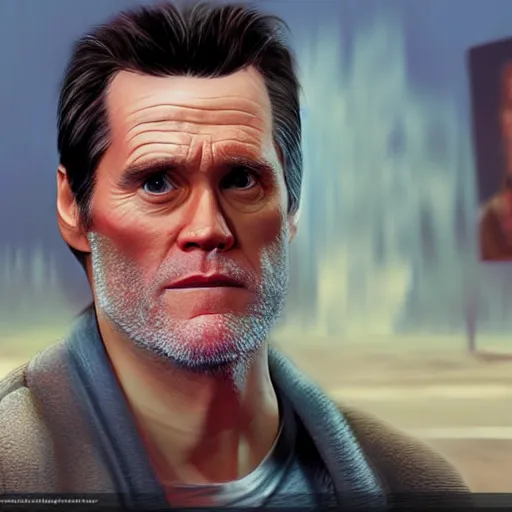 Prompt: hyper - realistic portrait of jim carrey in a gta game, concept art, 3 d, 4 k