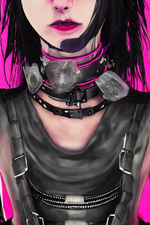 Image similar to detailed realistic female rock star cyberpunk wearing thick technological collar around neck, realistic, art, beautiful, 4K, collar, choker, collar around neck, punk, artstation, detailed, female, woman, choker, cyberpunk, neon, punk, collar, choker, collar around neck, thick collar, tight around neck, punk,