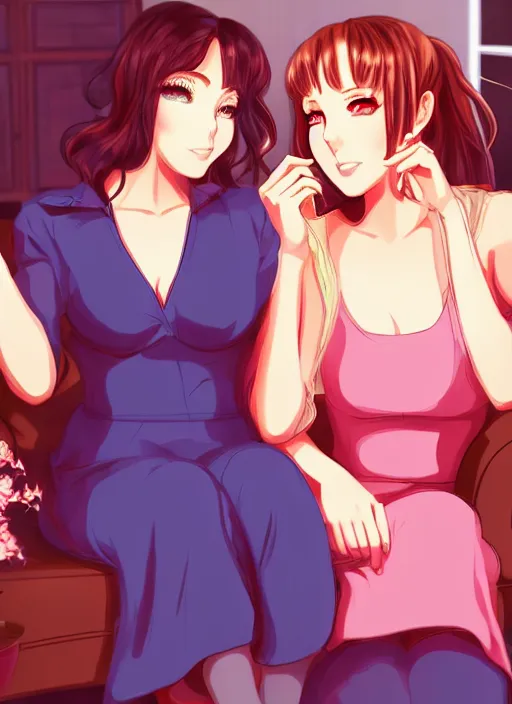 Image similar to two beautiful housewives in the living room on a hot summer evening, gorgeous faces, thick lines, cinematic lighting, detailed anime art