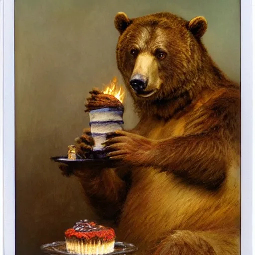 Image similar to polaroid photo of a bear eating cake, highly detailed painting by gaston bussiere, craig mullins, j. c. leyendecker