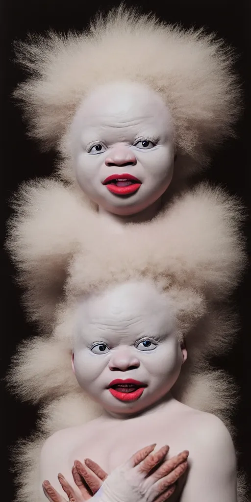 Prompt: award winning photo of african albino baby, vivid colors, happy, symmetrical face, beautiful eyes, studio lighting, wide shot art by sally mann & arnold newman & hr giger