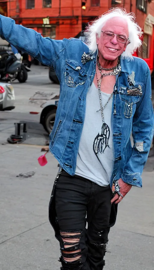 Image similar to Famous heavy metal glam rocker Bernie Sanders with a neon mohawk, ripped denim jacket and lots of jewelry