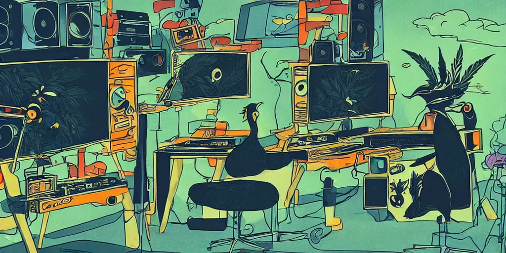 Image similar to 'black chicken'!!! smoking 'cannabis'!!!!!! in front of 'audio console'!!!! and 'multi monitors'!!!! 'in a hi-tech tv broadcasting studio'!!!!, artwork by James Gilleard