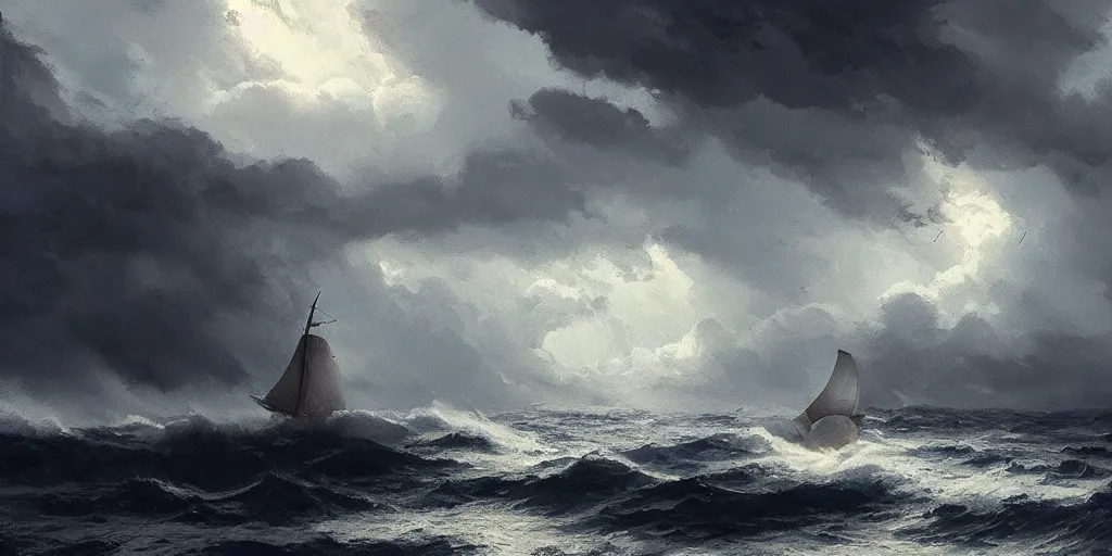 Image similar to A sailing boat struggles through stormy seas, an intense storm blacks out the sky, lit by lightning, Greg Rutkowski and Studio Ghibli