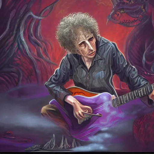 Image similar to illustration image for bob dylan as a magic the gathering creature, highly detailed, fantasy, cartoon style, painting