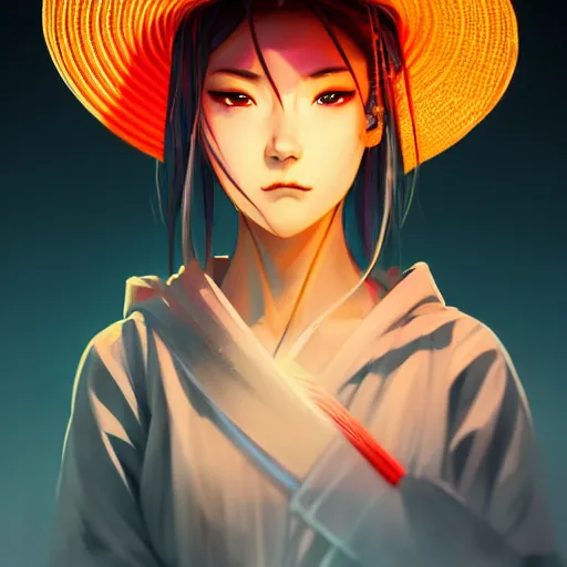 Image similar to Beautiful female samurai, with straw hat, rainy night, neon glow concept art, sharp focus, intricate, digital painting, artstation, official media, anime key visual, highly detailed, rich vivid colors ambient lighting, illustration, art by Artgerm, Makoto Shinkai, Ilya Kuvshinov, Lois Van Baarle and Rossdraws