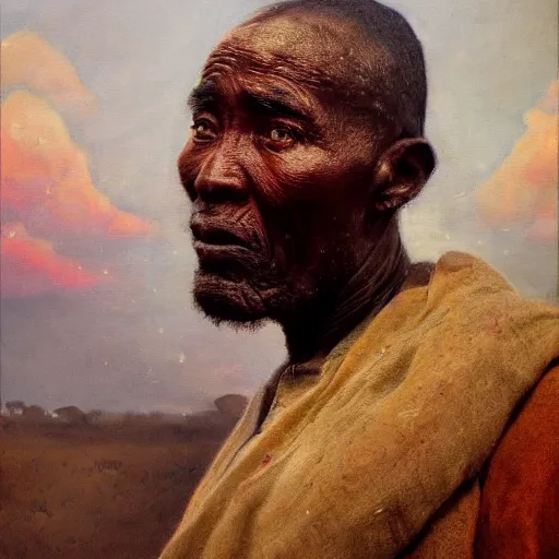 Prompt: a painting of a elegant well fed elder with few eyebrows and his on from Kenya by Henry Ossawa Tanner . dramatic angle, ethereal lights, details, smooth, sharp focus, illustration, realistic, cinematic, artstation, award winning, rgb , unreal engine, octane render, cinematic light, macro, depth of field, blur, red light and clouds from the back, highly detailed epic cinematic concept art CG render made in Maya, Blender and Photoshop, octane render, excellent composition, dynamic dramatic cinematic lighting, aesthetic, very inspirational, arthouse.
