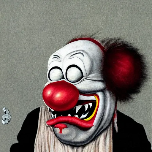 Prompt: grunge cartoon painting of an ape with a wide smile and a red balloon by chris leib, loony toons style, pennywise style, horror theme, detailed, elegant, intricate