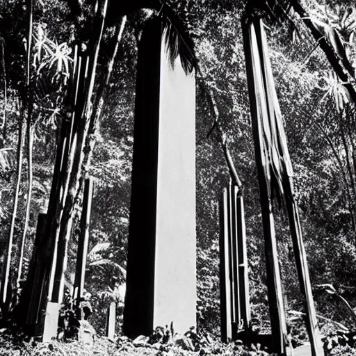 Image similar to lost film footage of a sacred brutalism totem in the middle of the tropical jungle / film still / cinematic / enhanced / 1 9 2 0 s / black and white / grain