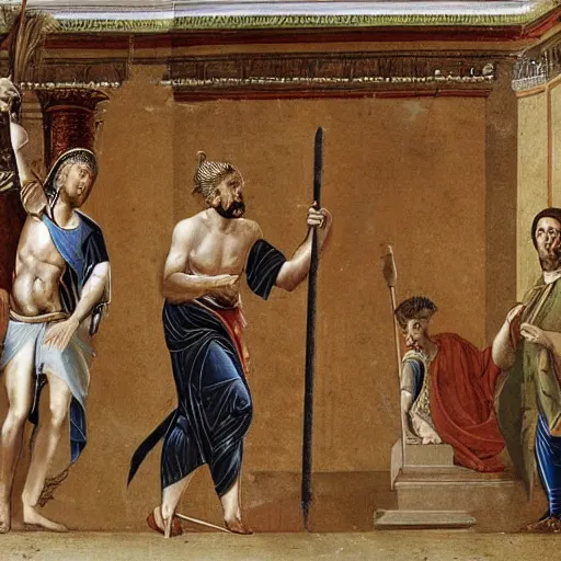 Prompt: a Roman emperor thrusting a spear into a young man