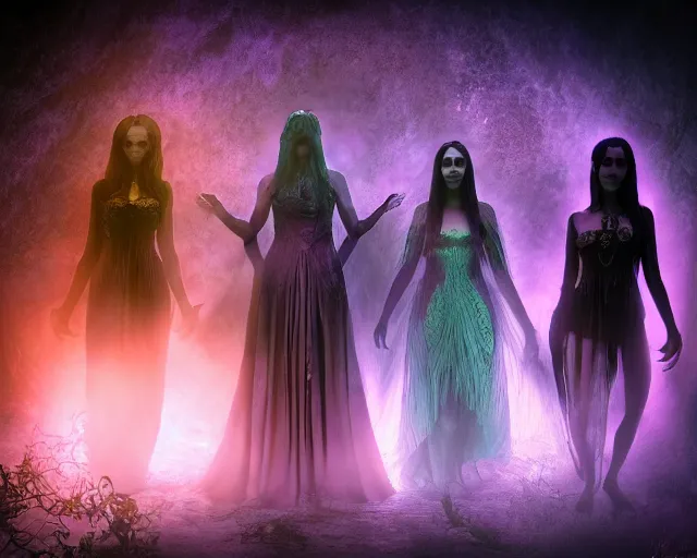 Image similar to three stunning otherworldly gothic goddesses of beauty wearing psychedelic wicca, full body, dark and mysterious, atmospheric, ominous, eerie, cinematic light, epic, 8 k 3 d, ultra detail, ultra realistic