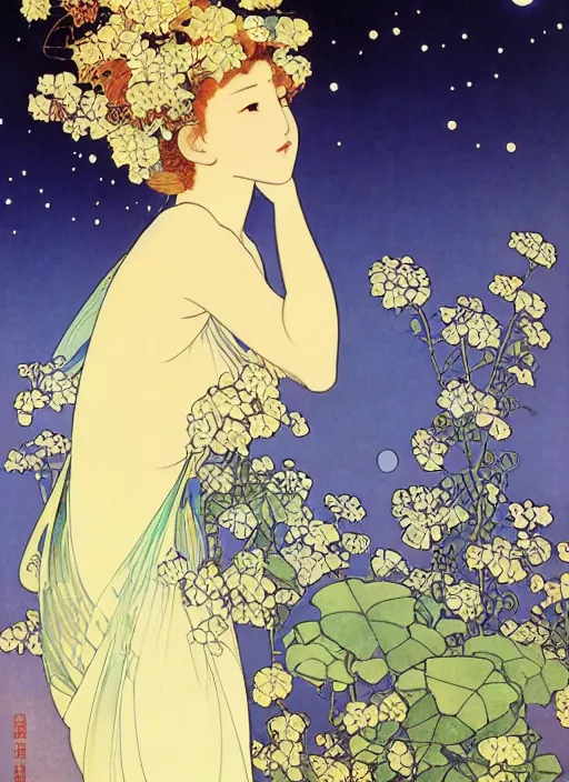 Prompt: the milky way in summer, fairy girl, by feifei ruan, victo nagai, alphonse mucha, eyvind earle and kawase hasui