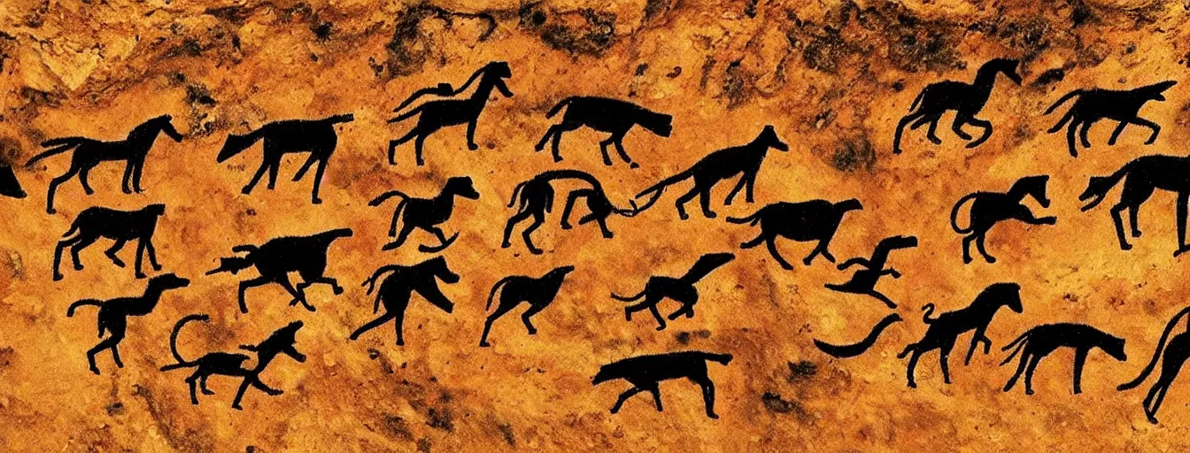 Prompt: prehistoric cave painting of running animals, highly detailed, upscaled