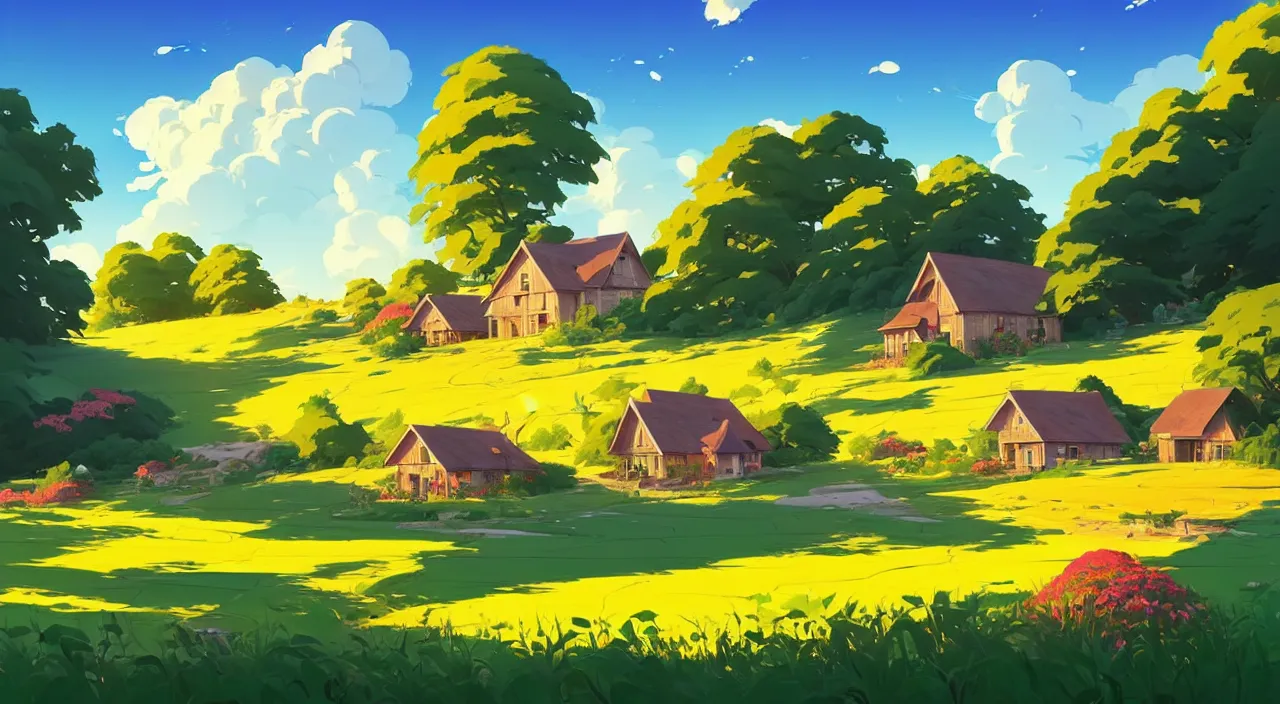 Image similar to Summer rural landscape with houses and blooming glade in the foreground, vector art, in marble incrusted of legends heartstone official fanart behance hd by Jesper Ejsing, by RHADS, Makoto Shinkai and Lois van baarle, ilya kuvshinov, rossdraws global illumination